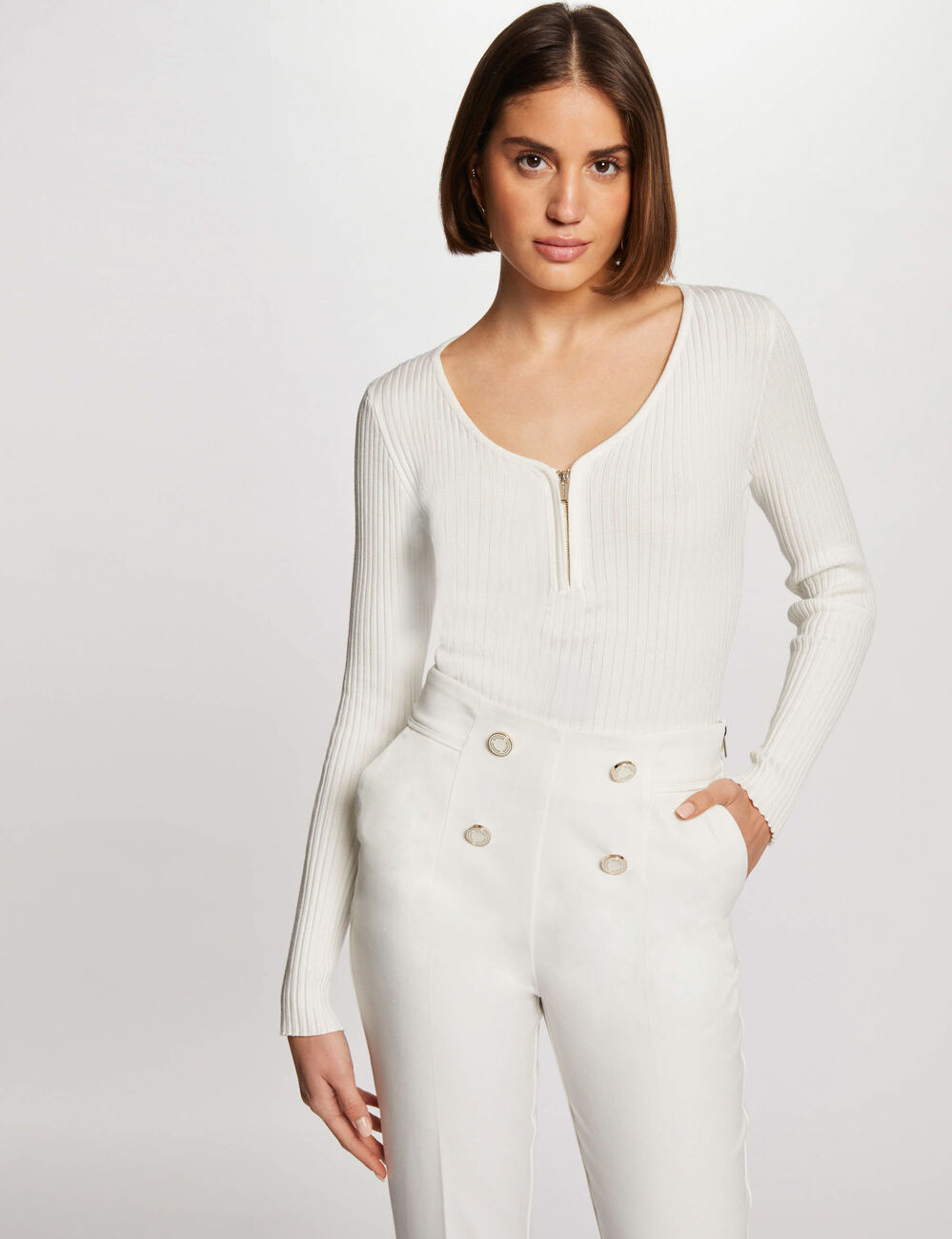 Ribgebreide trui met lange mouwen ecru vrouw