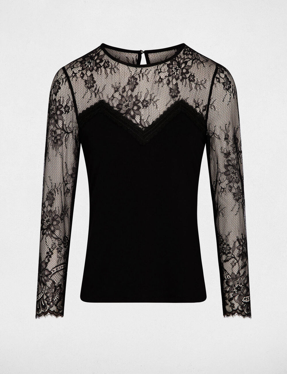 T-shirt dentelle col rond noir femme