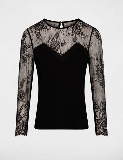 T-shirt dentelle col rond noir femme