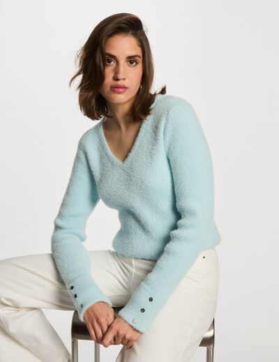 Pull manches longues avec col en V bleu ciel femme