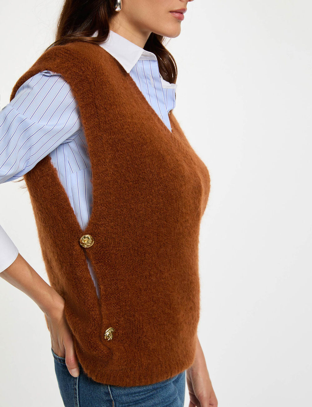 Pull sans manches marron cognac femme