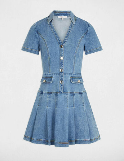 Korte trapeze jurk van denim stone washed denim vrouw