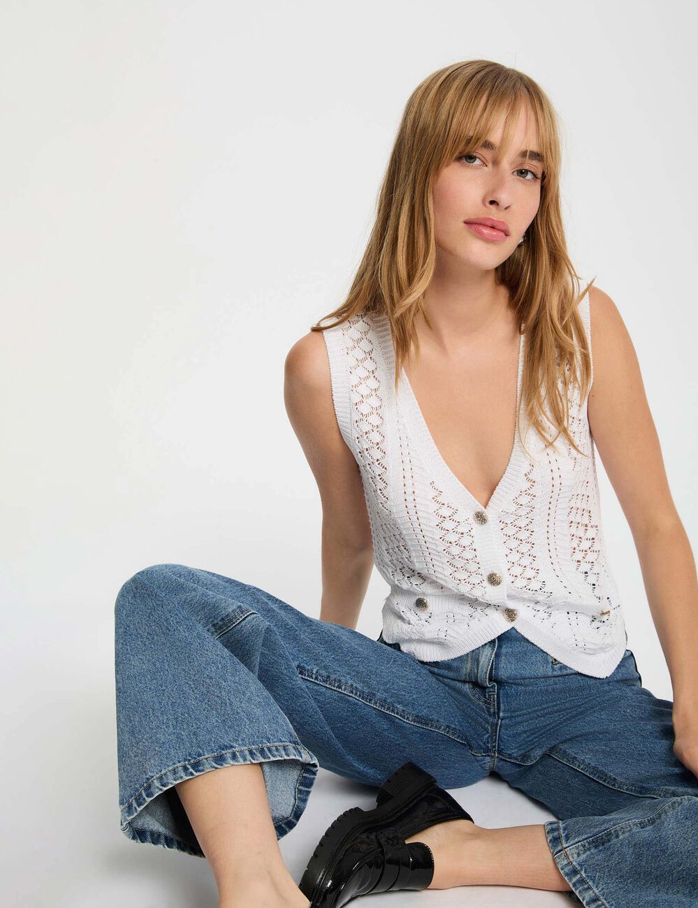 Gilet sans manches col v blanc femme