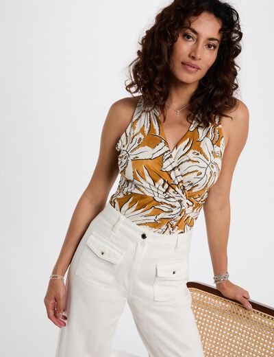 Top satiné col v jaune moutarde femme