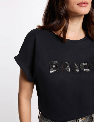 T-shirt manches brodées noir femme