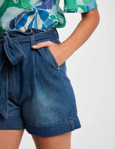 Short en jean ceinturé denim stone femme