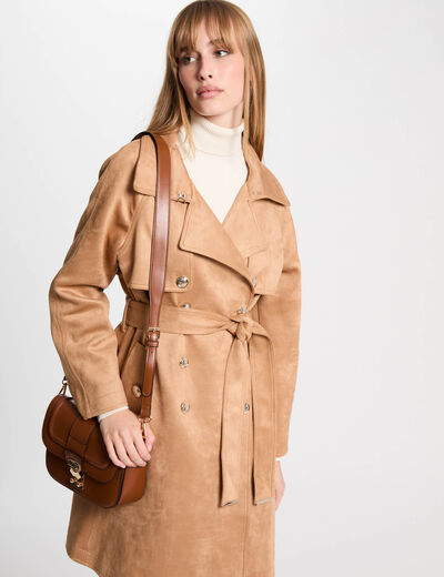 Trench long su&eacute;dine marron clair femme