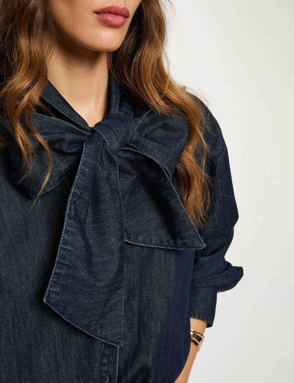 Spijkerblouse met lavallière ruw denim vrouw