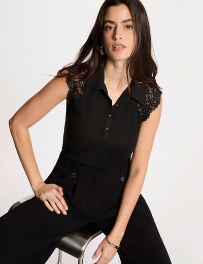 Kant T-shirt met reverskraag zwart vrouw