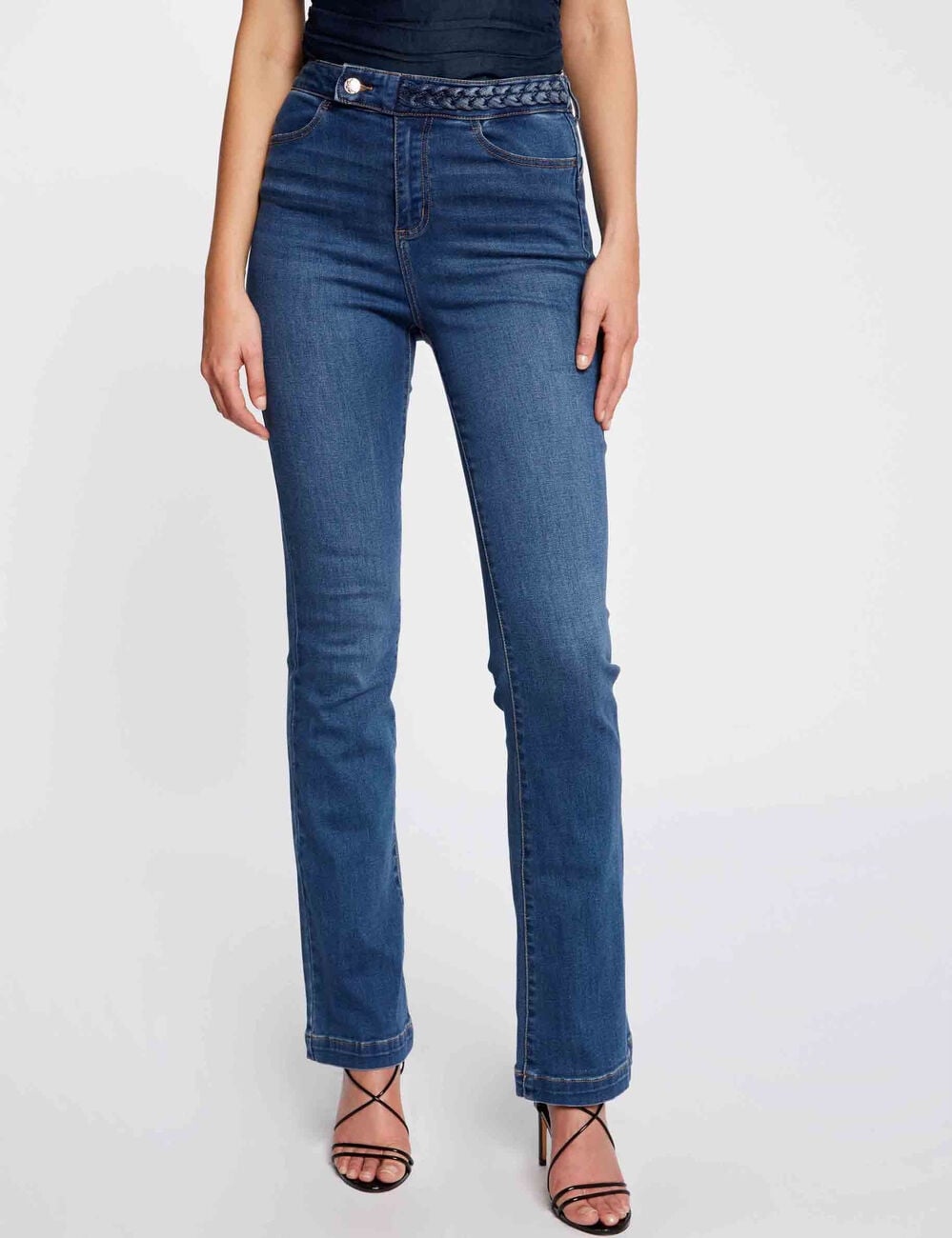 Rechte jeans met gevlochten details stone washed denim vrouw