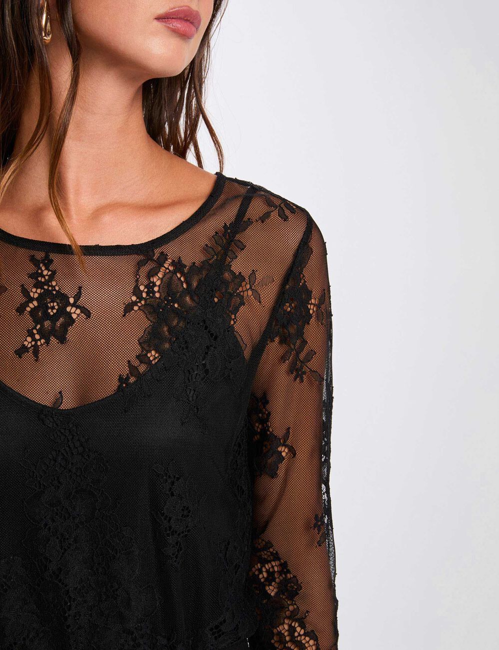 Kant T-shirt met lange mouwen zwart vrouw