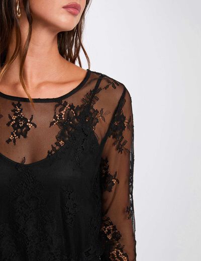 Kant T-shirt met lange mouwen zwart vrouw