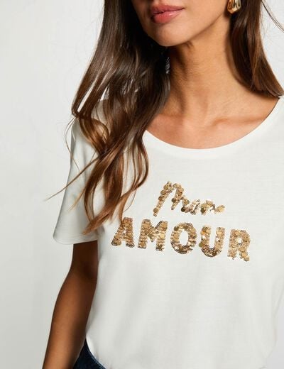 t shirt brode sequins blanc femme T-shirt brodé sequins blanc femme