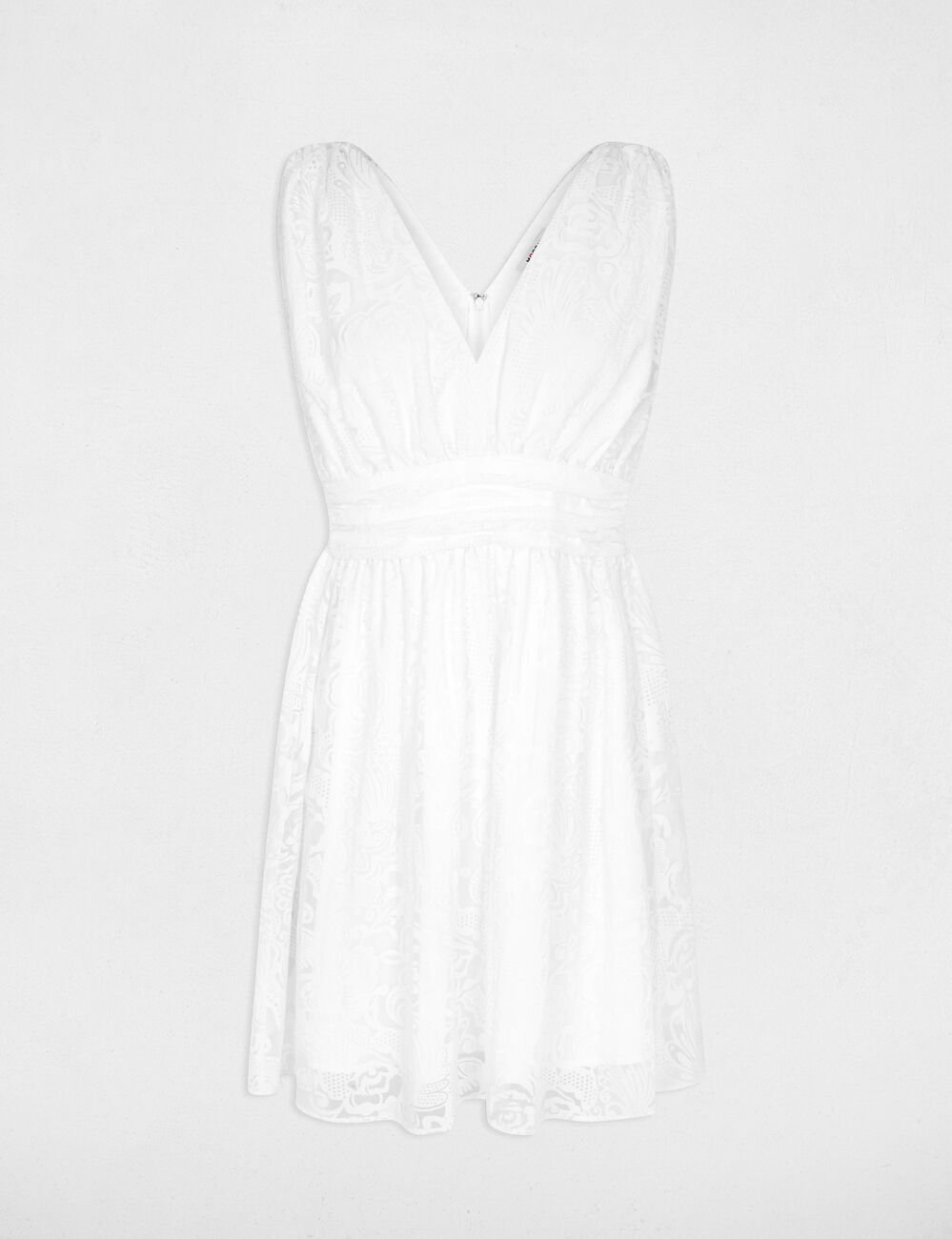 Jacquard jurk met V-hals helder wit vrouw