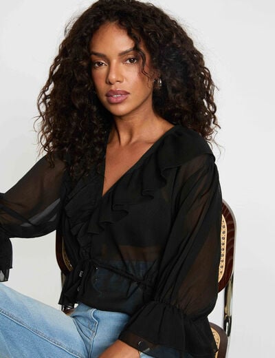 Blouse van voile met V-hals zwart vrouw