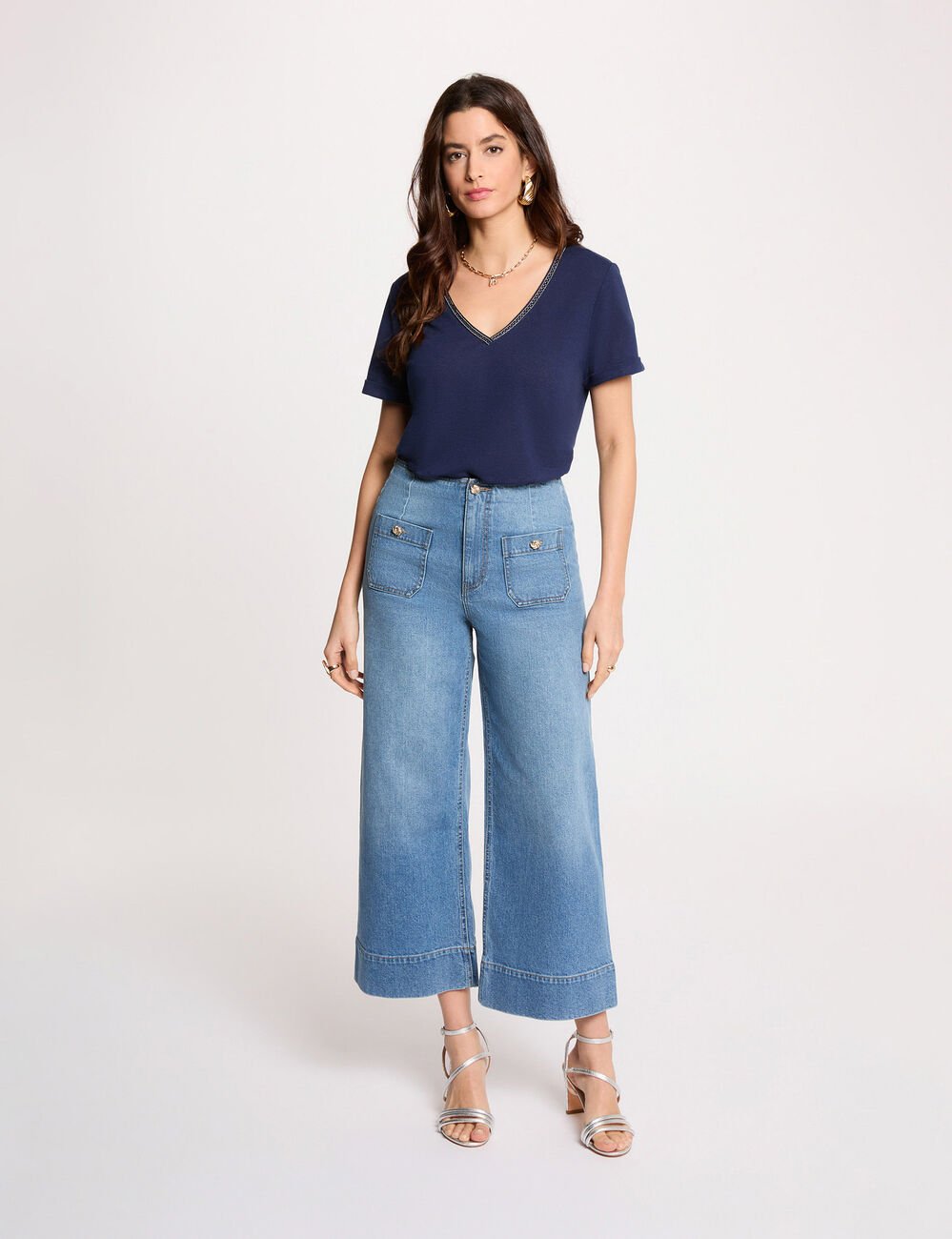 T-shirt met parels en V-hals marineblauw vrouw