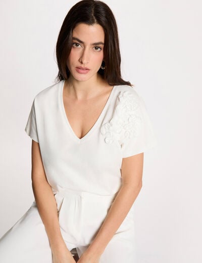 T-shirt col v manches courtes blanc femme