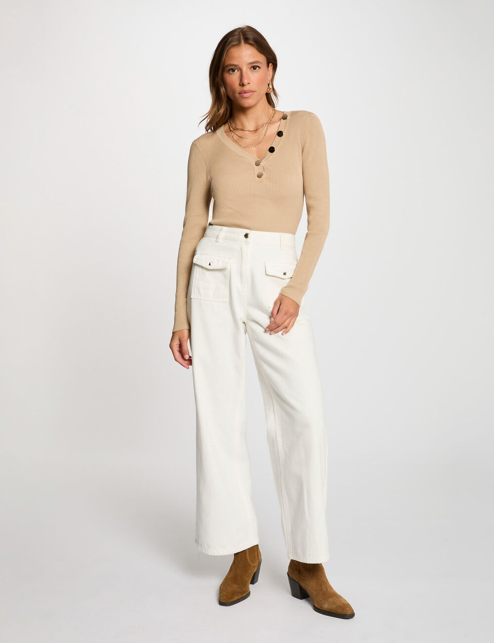 Pull manches longues boutons marron clair femme