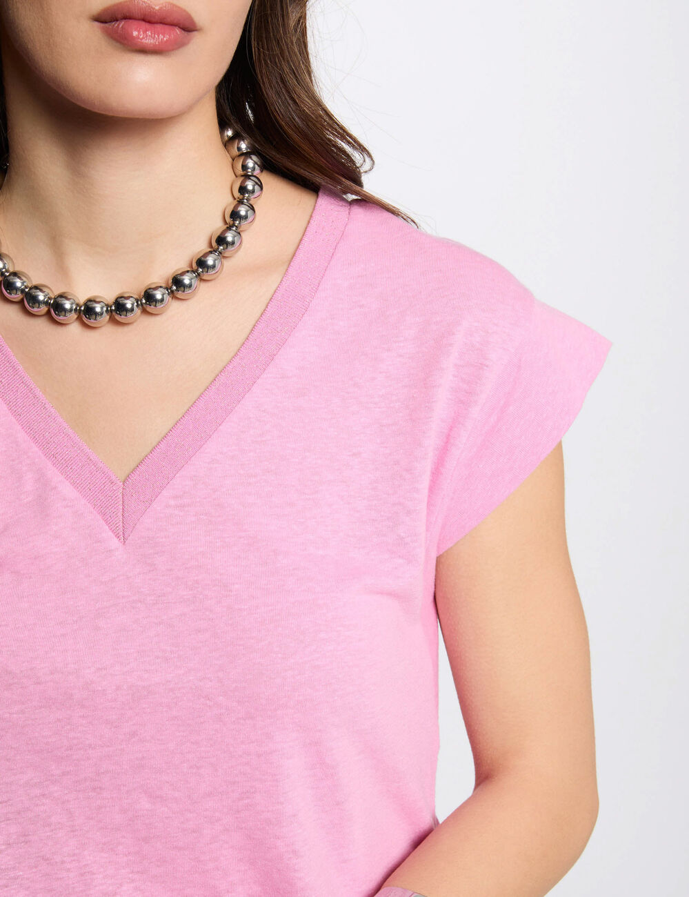 T-shirt met V-hals en korte mouwen roze vrouw