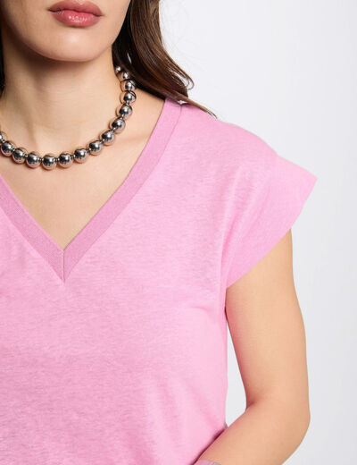 T-shirt met V-hals en korte mouwen roze vrouw