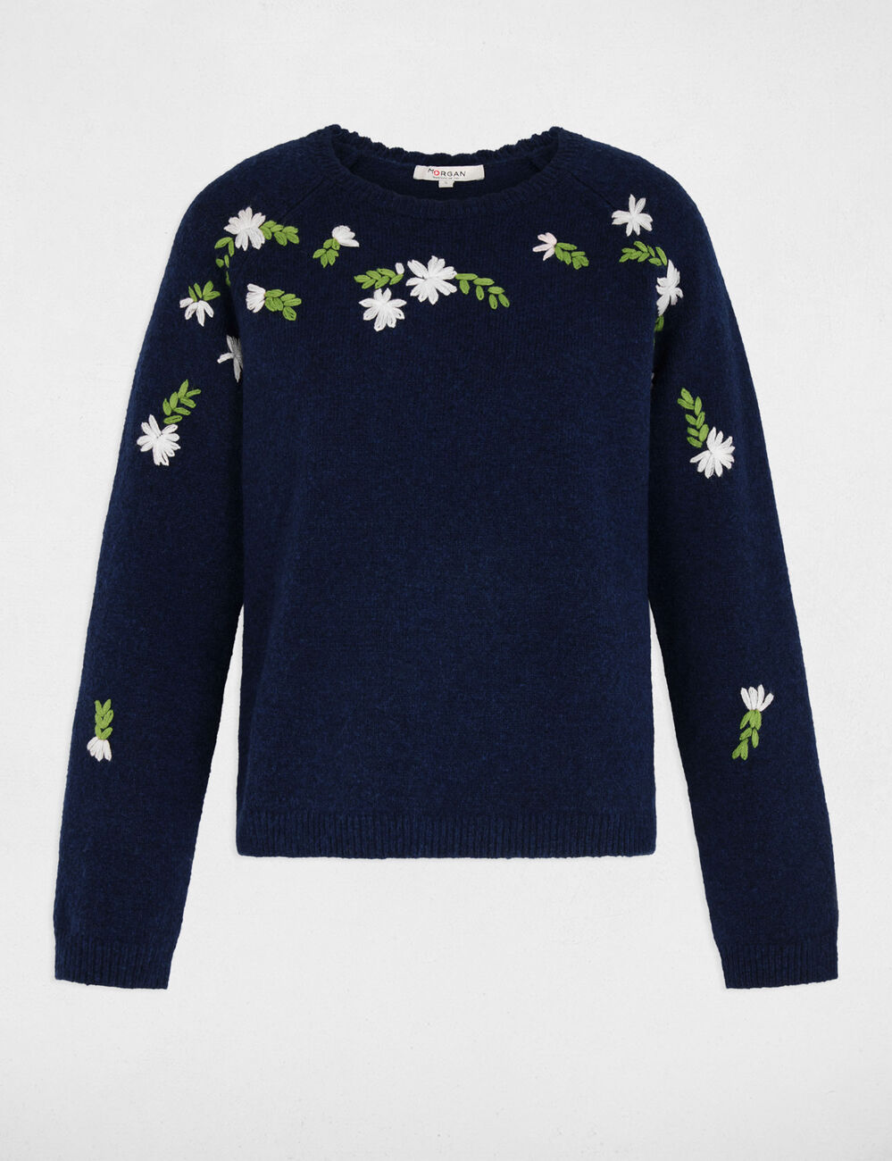 Pull brod&eacute; manches longues bleu marine femme