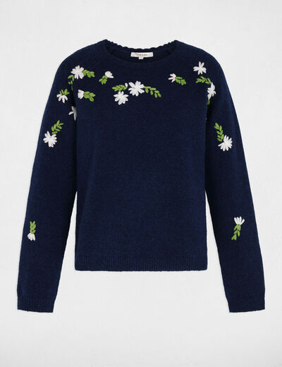 Pull brod&eacute; manches longues bleu marine femme
