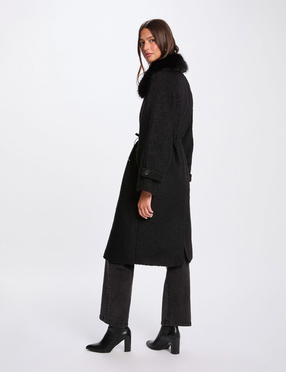 Manteau long fausse fourrure noir femme