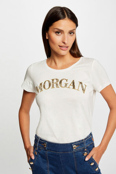 T-shirt manches courtes à inscription ecru femme