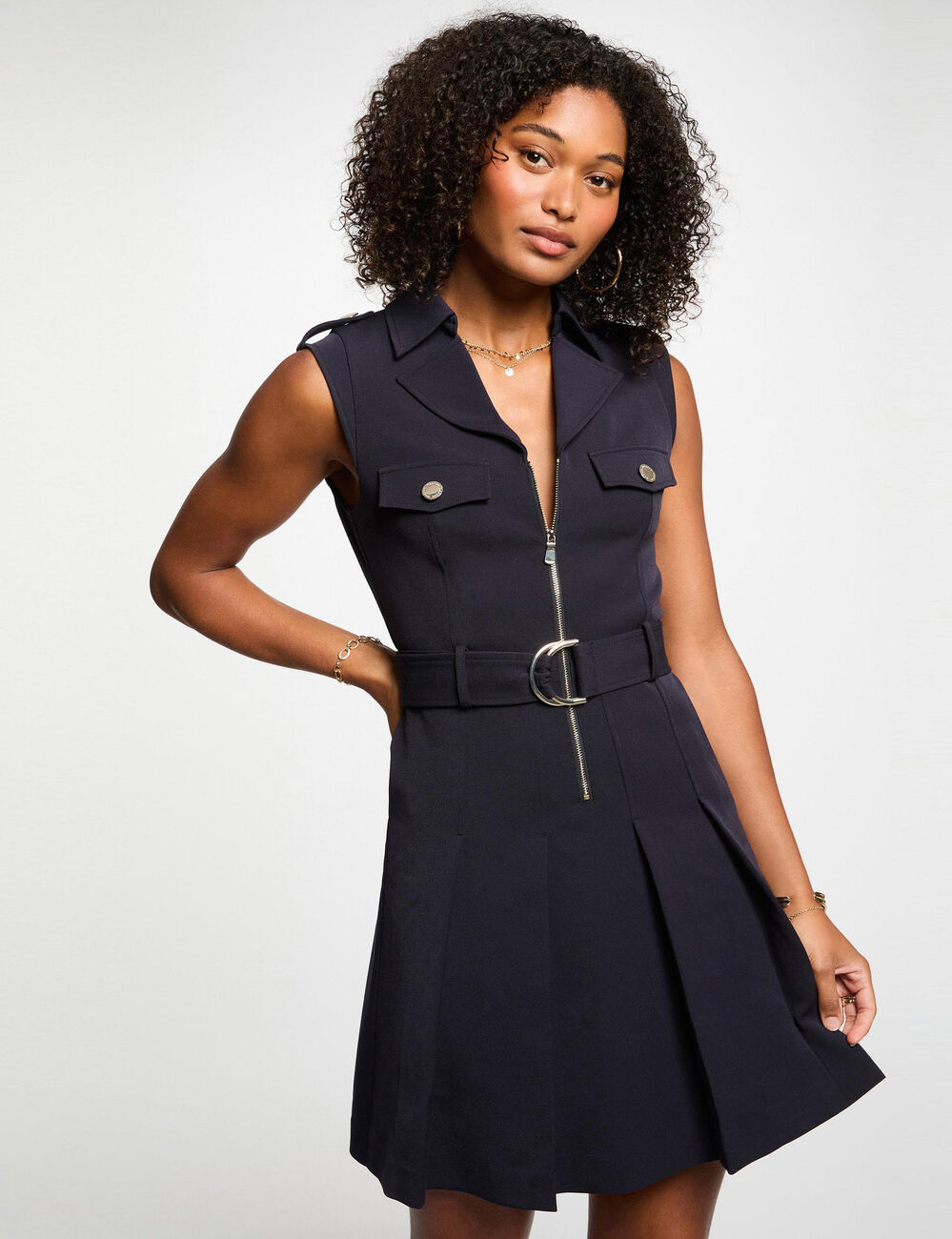 Robe courte trapèze plis bleu marine femme