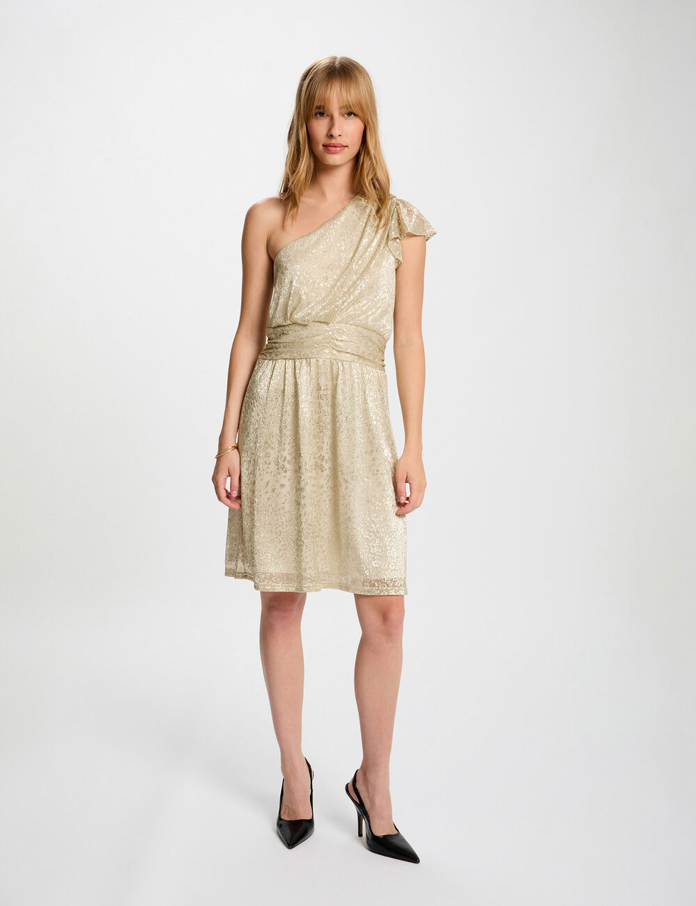 Robe voile asym&eacute;trique jaune or femme