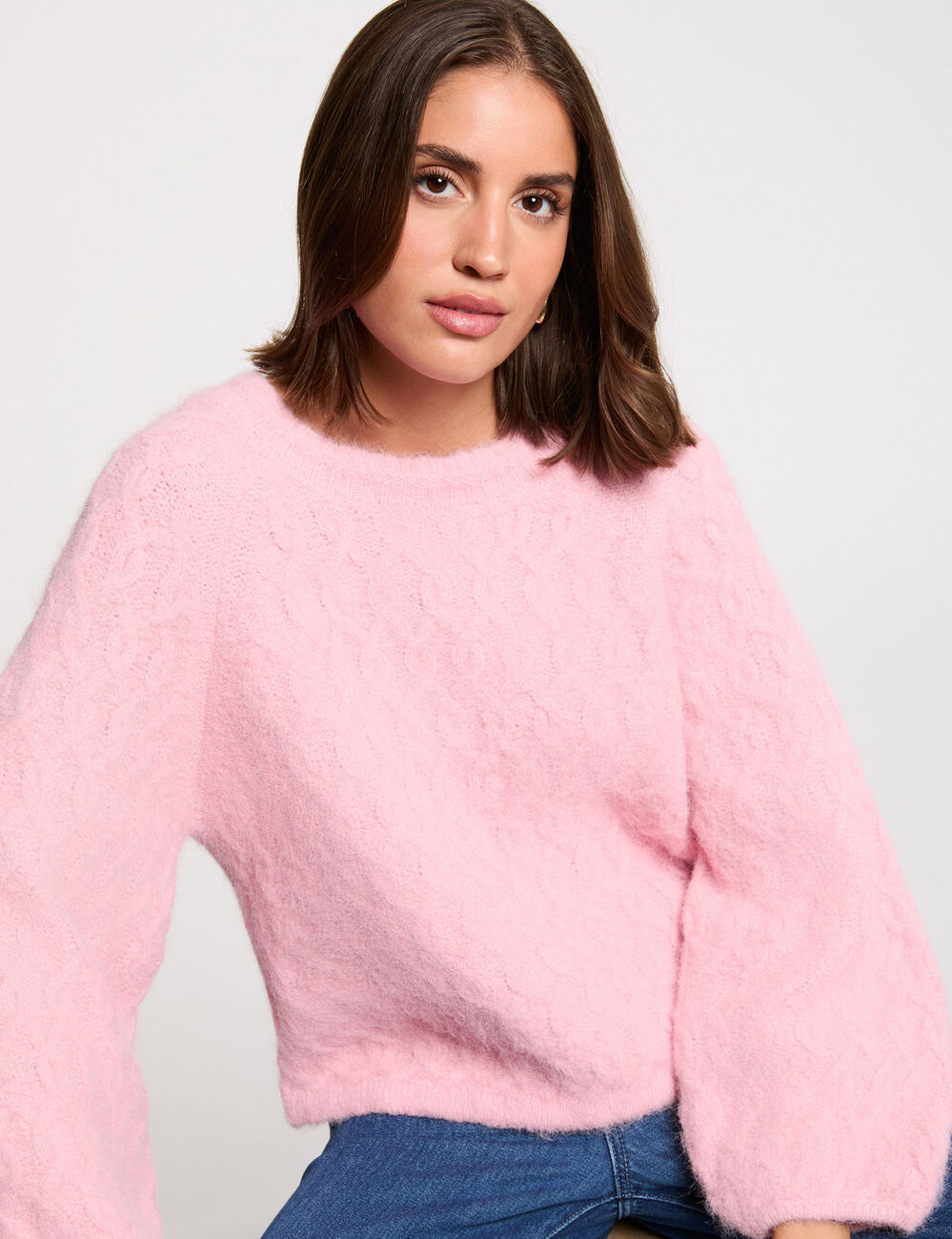 Pull &eacute;pais col rond rose femme