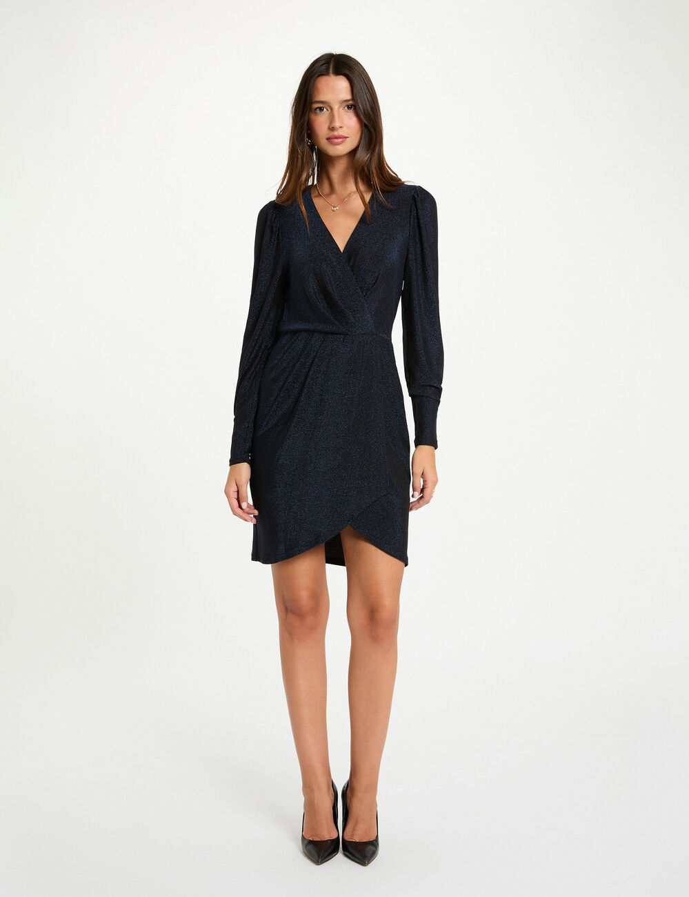 Gedrapeerde jurk met metallic draad marineblauw vrouw