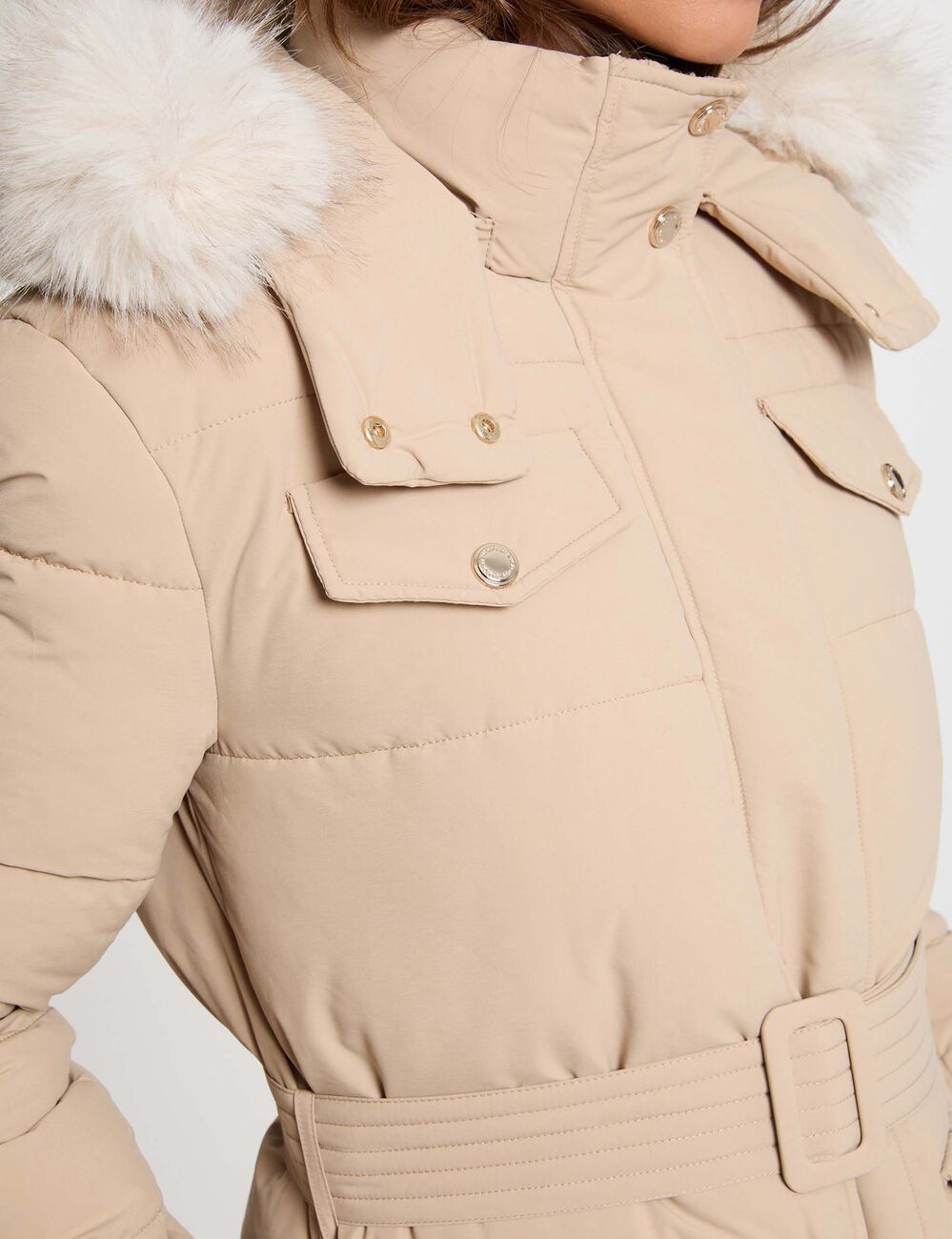 Doudoune longue ceintur&eacute;e beige femme