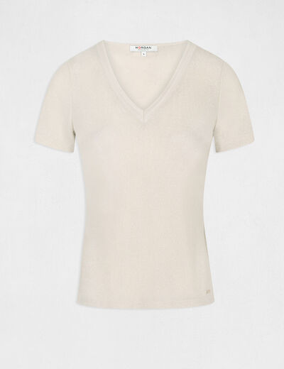 T-shirt met korte mouwen en V-hals ivoor vrouw