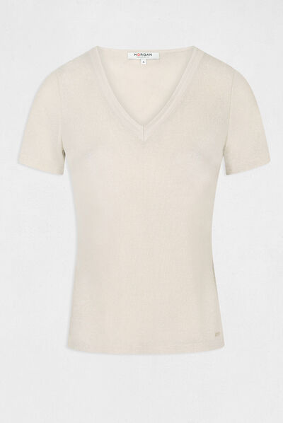 T-shirt met korte mouwen en V-hals ivoor vrouw