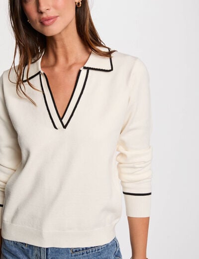 Pull col polo ivoire femme