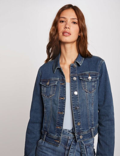 Veste droite boutonn&eacute;e en jean jean stone femme