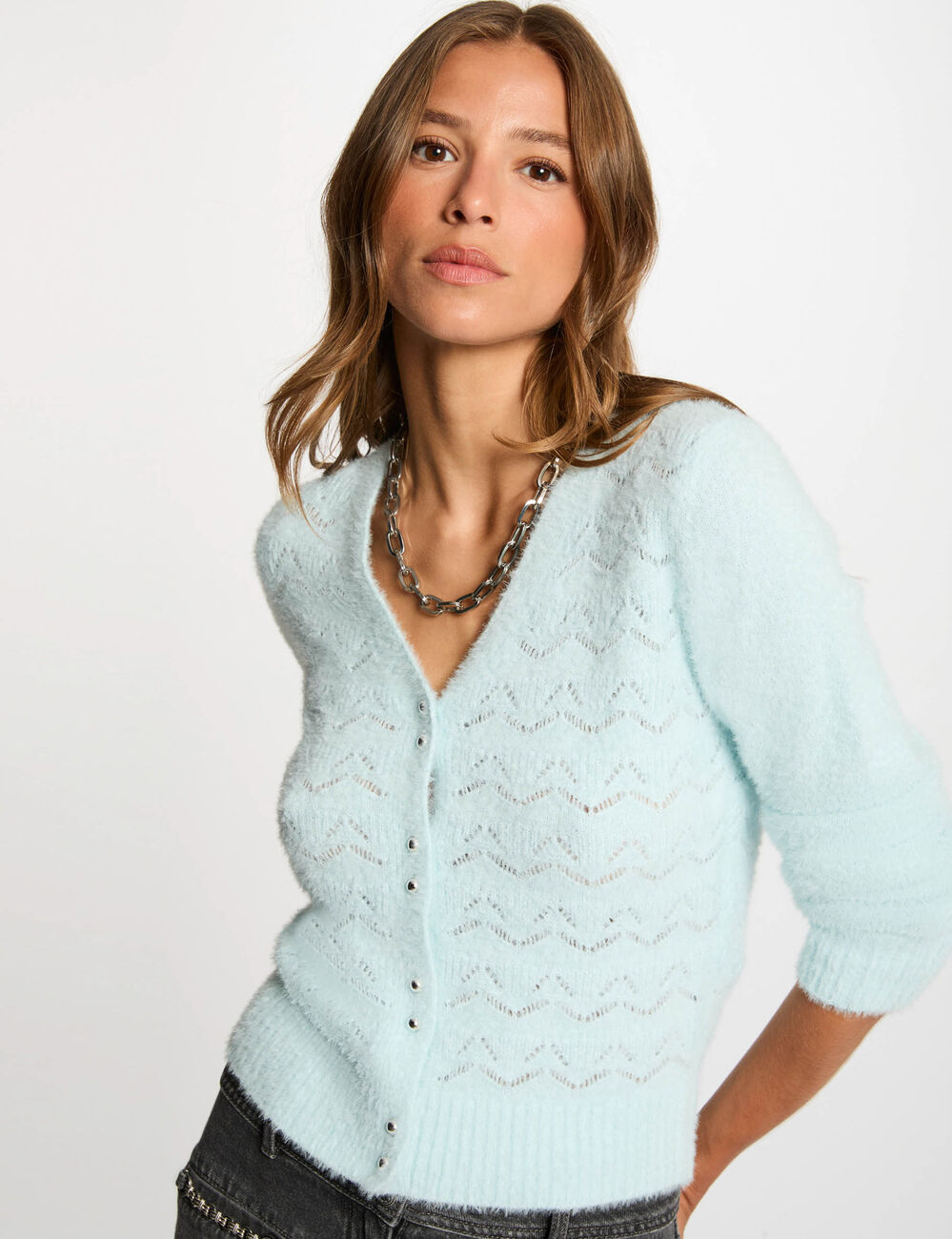 Getextureerd vest met V-hals hemelsblauw vrouw