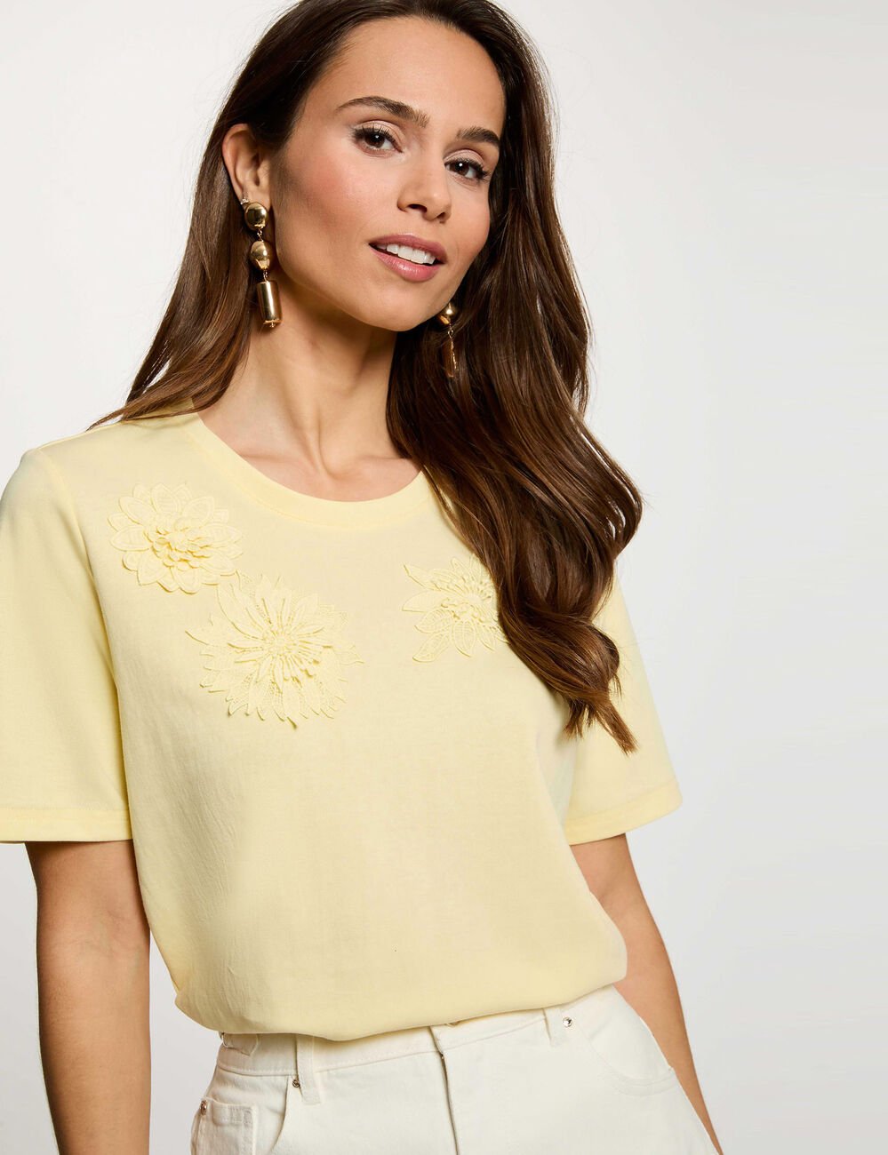 Recht T-shirt met ronde hals pastel geel vrouw