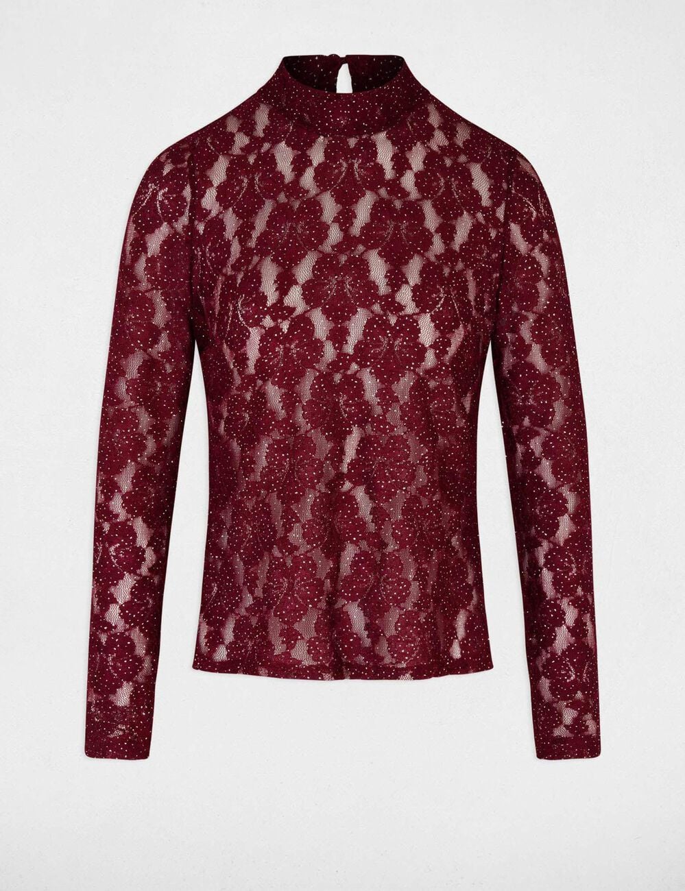 T-shirt dentelle ajour&eacute; prune femme