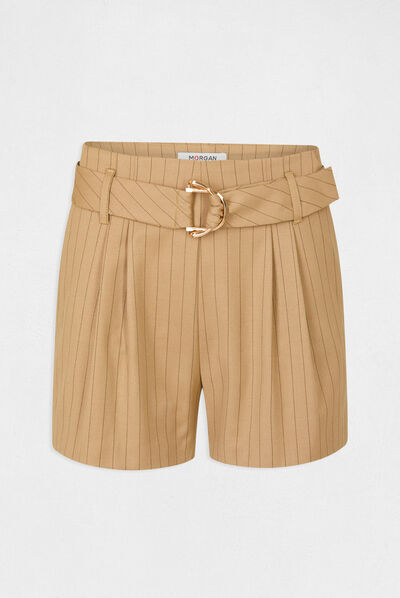 Short ample ceinturé à rayures beige femme