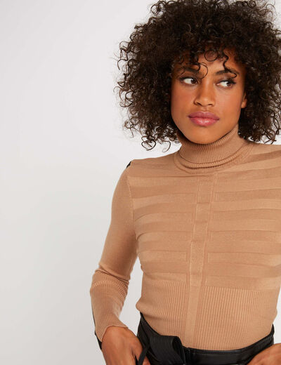 Pull manches longues bande contrastante camel femme