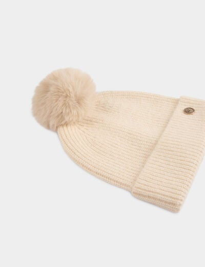 Bonnet maille bouton ivoire femme