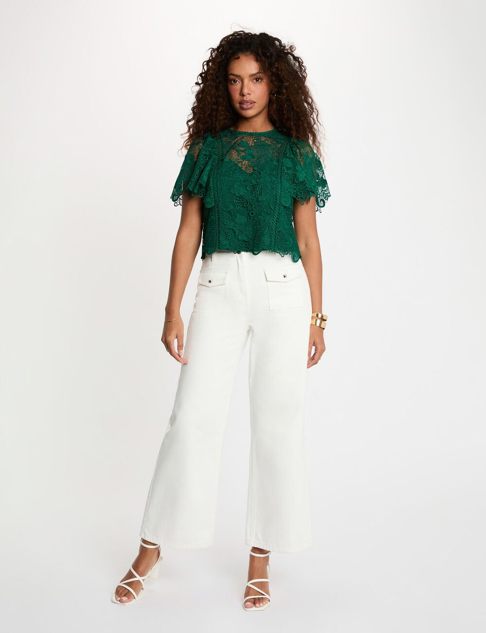 Top dentelle col rond vert femme