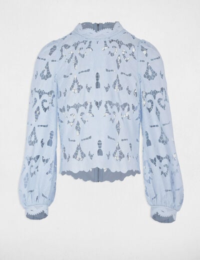 Blouse broderie col montant bleu ciel femme