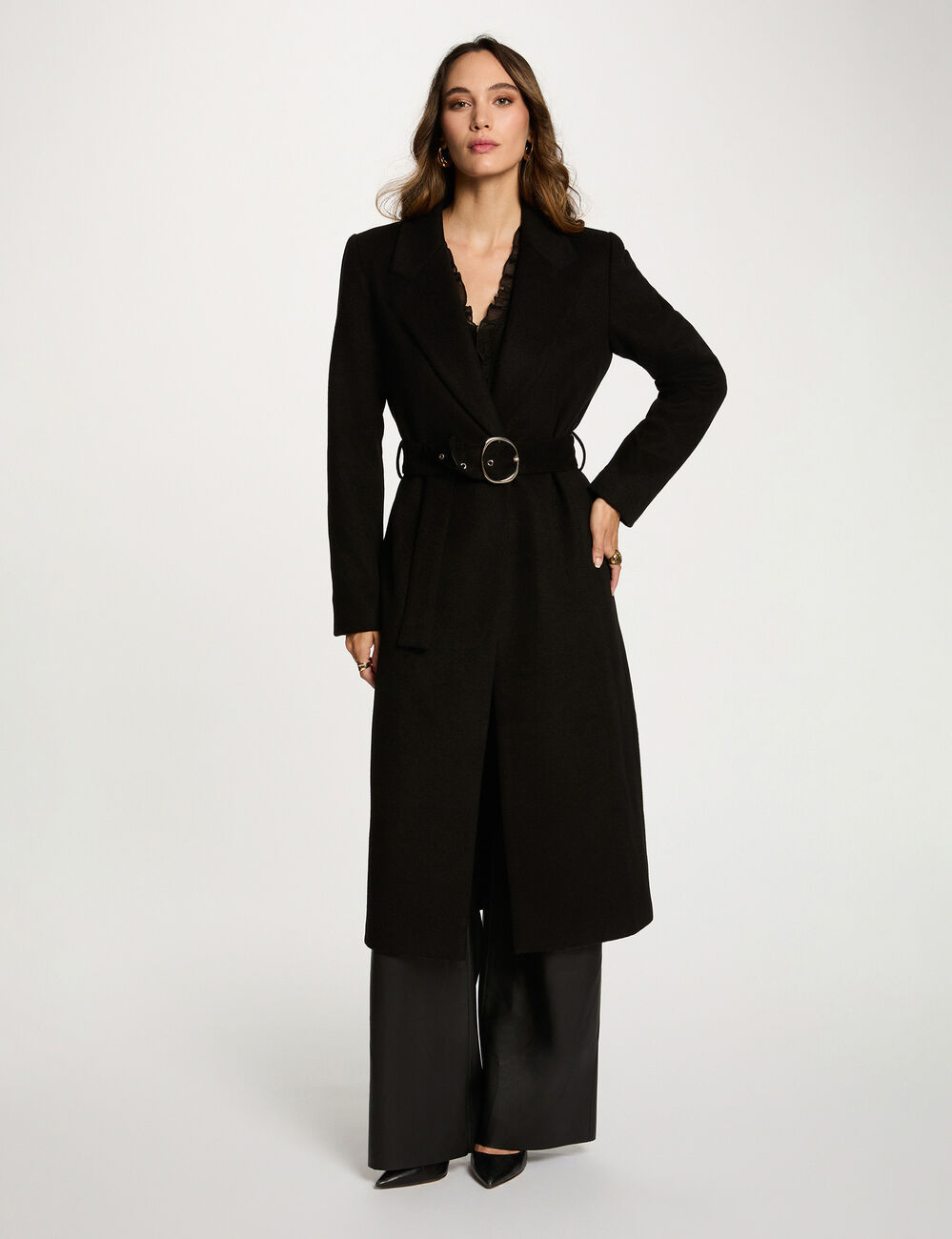 Manteau long ceinturé noir femme