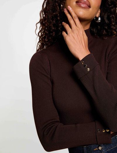 Pull col montant marron fonc&eacute; femme