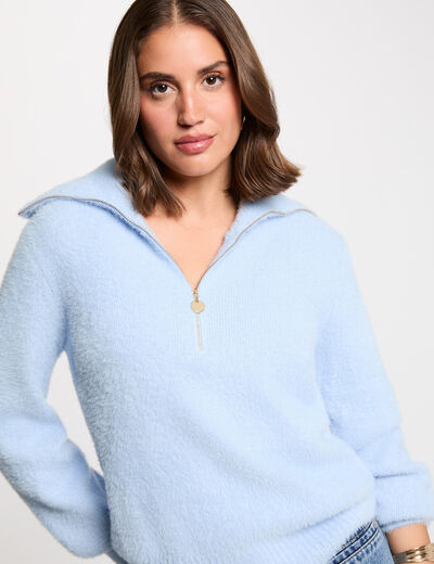 Pull manches longues à col zippé bleu ciel femme