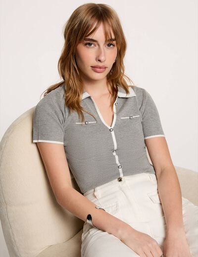 Pull col polo manches courtes gris clair femme