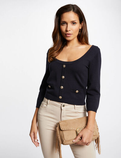 Pull col rond avec boutons marine femme